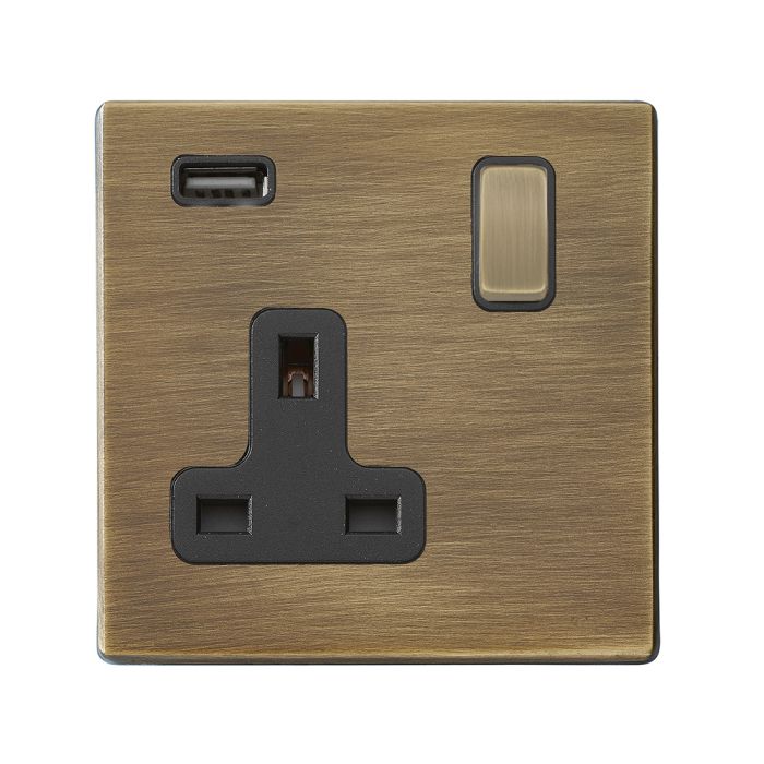 Hamilton 7G29SS1USBAB-B G2 Antique Brass 13A single switched socket with 2.4A USB charger