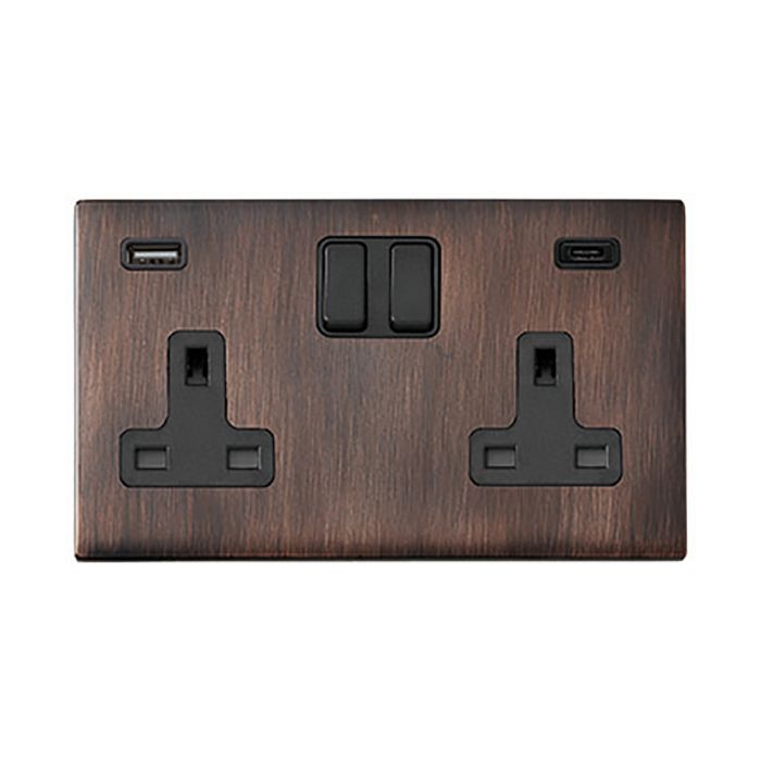 Hamilton 7G2EBSS2USBCBL-B G2 Etrium Bronze 13A double switched socket with 2.4A USB-C & USB-A charger