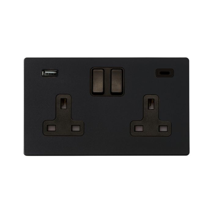 Hamilton 7G2MBSS2USBCBL-B G2 Matt Black 13A double switched socket with 2.4A USB-C & USB-A charger