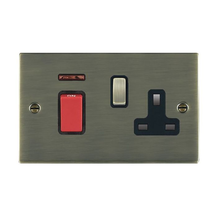 Hamilton 8945SS1AB-B Antique Brass 45A double pole isolator and switched 13A socket with neon indicator