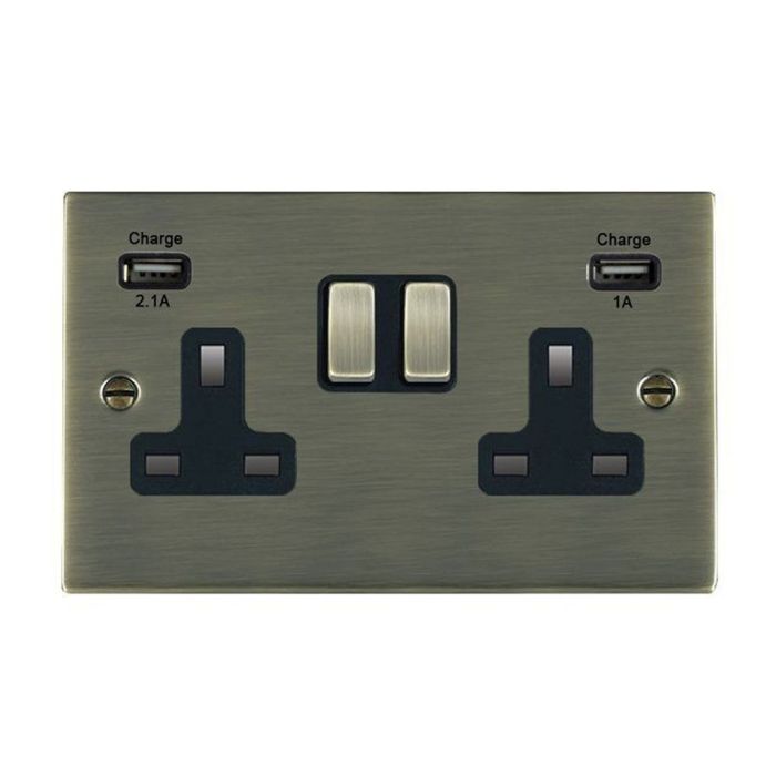 Hamilton 89SS2USBULTAB-B Antique Brass 13A double switched socket with dual 2.4A USB-A charger